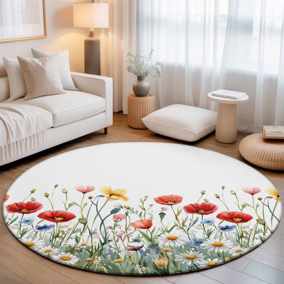 Round Area Rug for Living Room Bedroom, Spring Colorful Wild Flowers Round Rugs Non-slip Floor Carpet, Pastoral Watercolor Daisy Bud Soft Washable Circle Rug 3ft