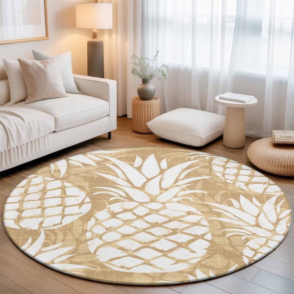 Round Area Rug for Living Room Bedroom, Summer Fruit Pineapple Round Rugs Non-slip Floor Carpet, Rustic Vintage Tropical Leaves Soft Washable Circle Rug 3ft