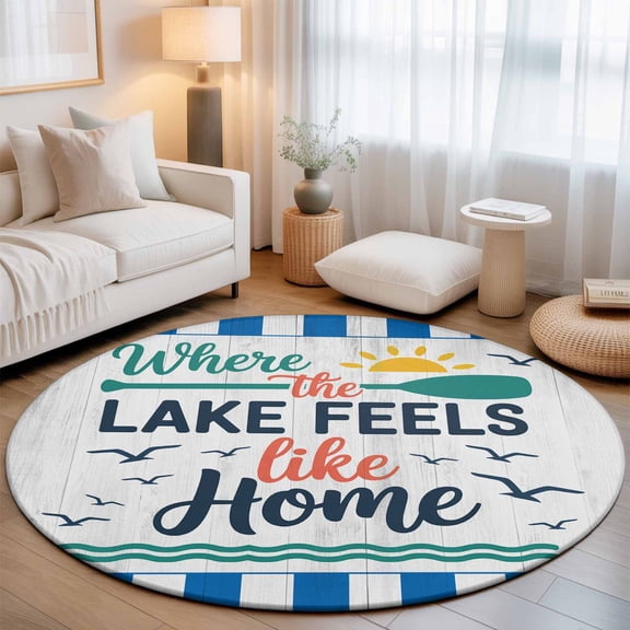 Round Area Rug for Living Room Bedroom, Summer Ocean Wavy Retro Plank Round Rugs Non-slip Floor Carpet, Lake Feels like Home Quote Soft Washable Circle Rug 3ft