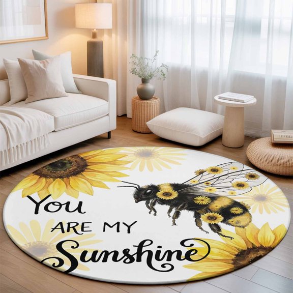 Round Area Rug for Living Room Bedroom, Summer Yellow Sunflower Bee Round Rugs Non-slip Floor Carpet, Rustic Plant Sunshine Text Soft Washable Circle Rug 3ft