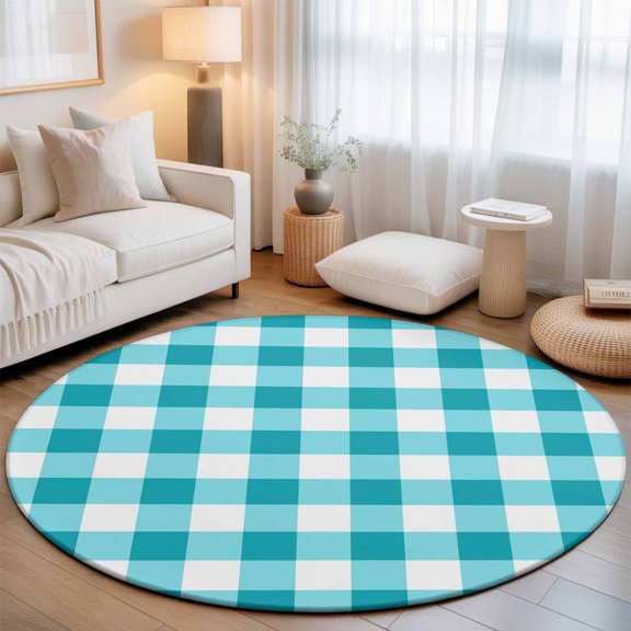 Round Area Rug for Living Room Bedroom, Teal Blue White Plaid Lattice Round Rugs Non-slip Washable Floor Carpet, Abstract Gradient Line Soft Circle Rug 3ft