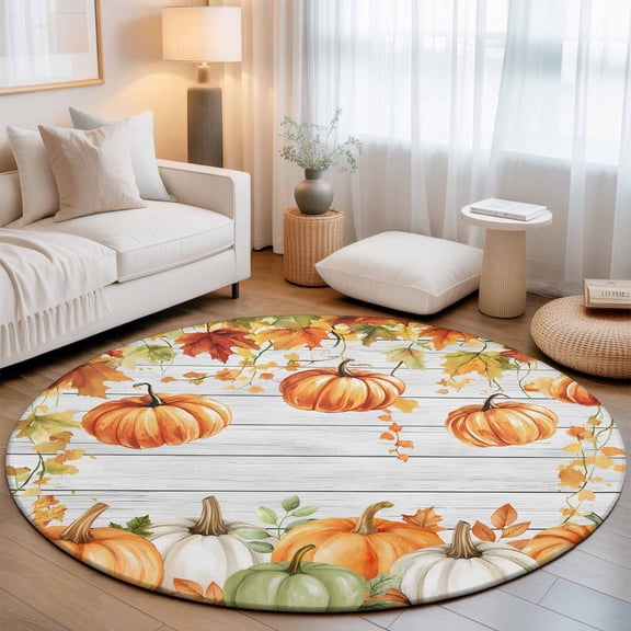 Round Area Rug for Living Room Bedroom, Thanksgiving Pumpkin Maple Leaf Round Rugs Non-slip Washable Floor Carpet, White Wood Board Soft Circle Rug 3ft