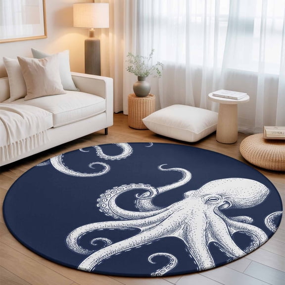 Round Area Rug for Living Room Bedroom, Underwater Ocean Giant Octopus Round Rugs Non-slip Washable Floor Carpet, Navy Blue White Marine Life Soft Circle Rug 3ft
