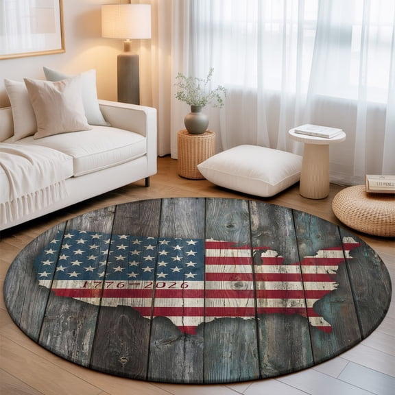 Round Area Rug for Living Room Bedroom, Vintage American Flag Map Round Rugs Non-slip Floor Carpet, 4th of July Retro Wood Board Soft Washable Circle Rug 3ft