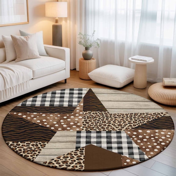 Round Area Rug for Living Room Bedroom, Western Star Collage Round Rugs Non-slip Washable Floor Carpet, Leopard Black Plaid Tiger Stripe Soft Circle Rug 3ft