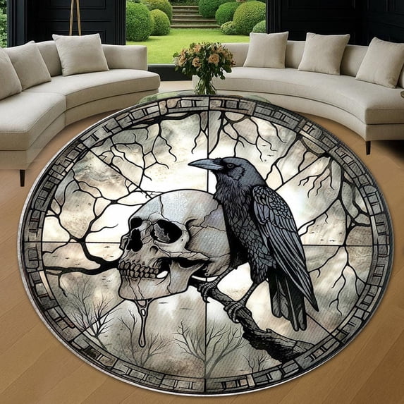 Round Area Rug, Moon Skull Raven Non-Slip Floor Mat, Soft Washable Carpet for Living Room Bedroom Decor 24 Inch