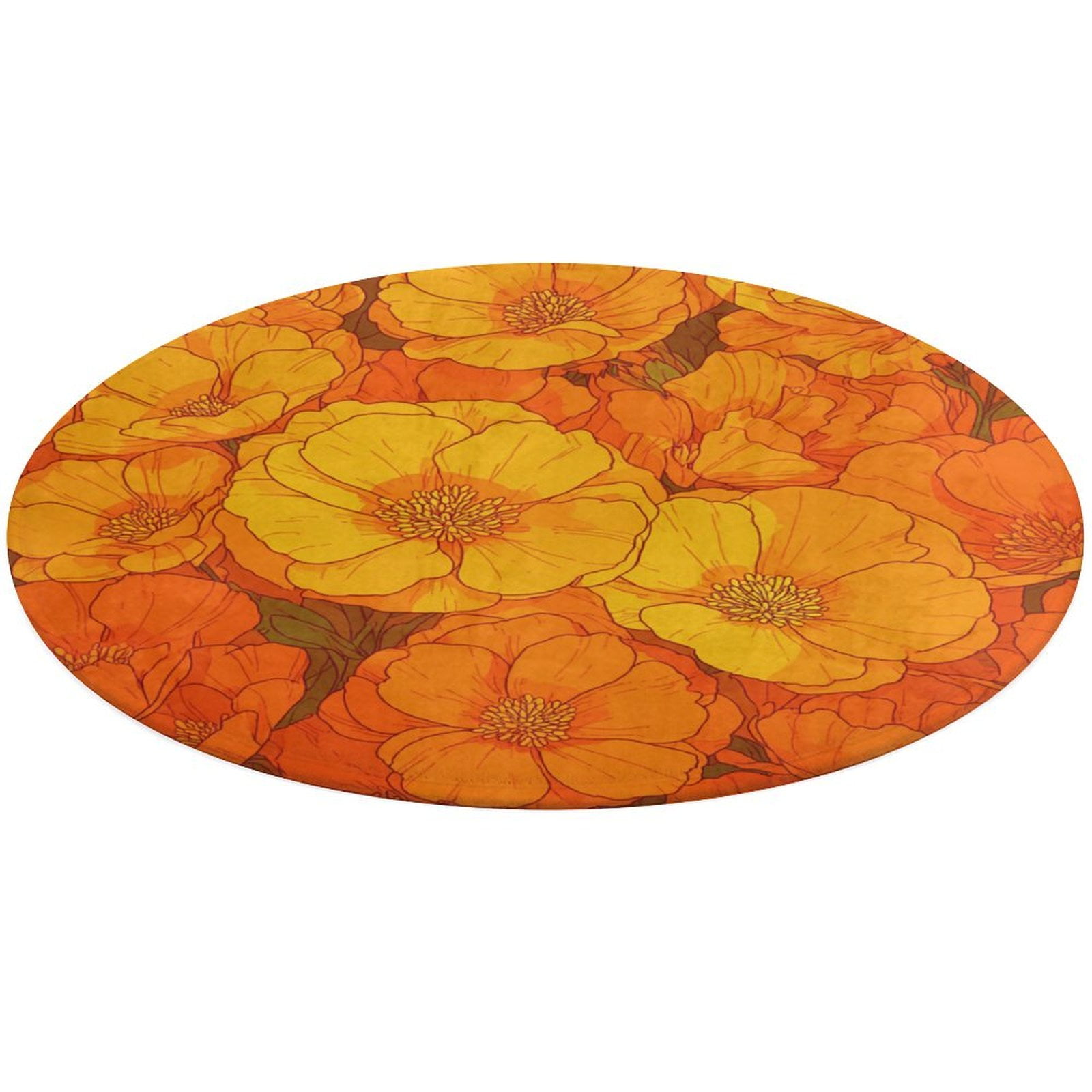 Round Area Rug Orange Poppy Flower Pattern Bloom Vibrant Summer Indoor ...