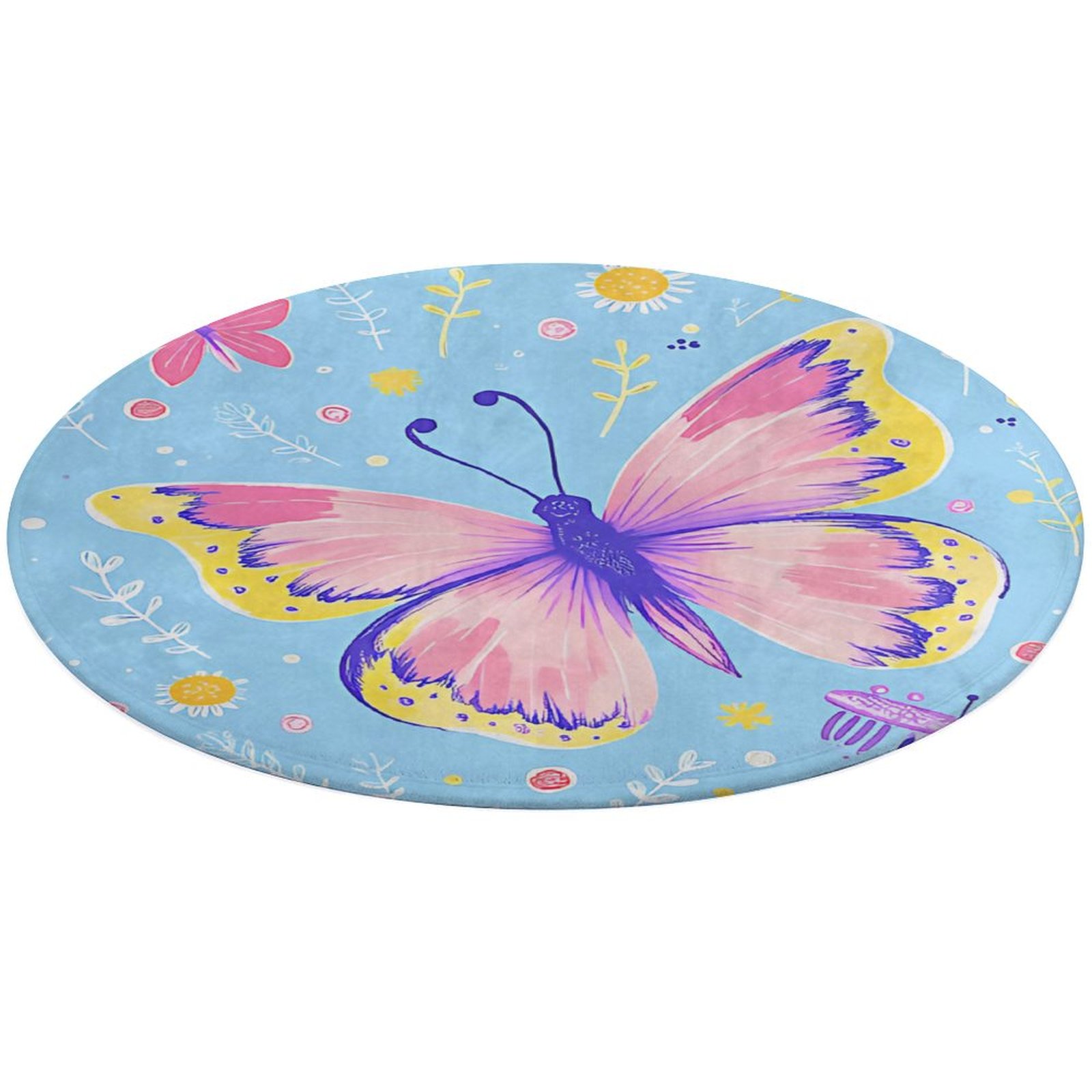 Black Pink Butterfly Print Round Rug main image 1