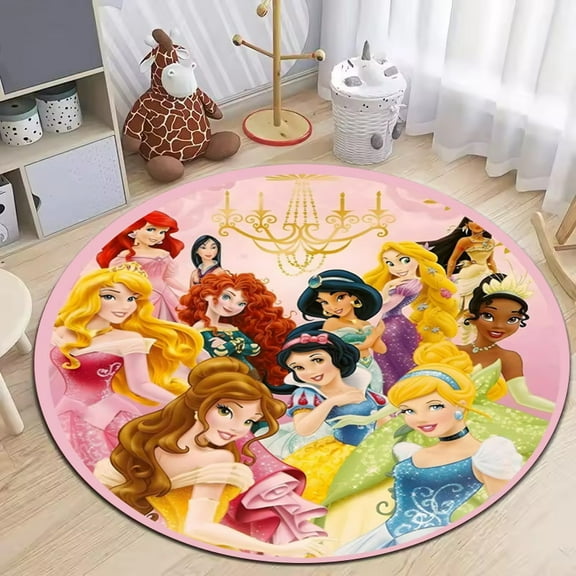 Round Area Rug Princess Themed Cartoon Carpet Modern 3D Art Aesthetic Rugs Living Room Bedroom Playroom Non-Slip Decorative Floor Mat