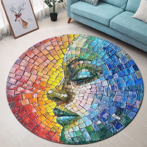 Round Area Rug, Rainbow Mosaic Face Non-Slip Floor Mat, Soft Washable Carpet for Living Room Bedroom Decor 24 Inch