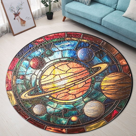 Round Area Rug, Solar System Non-Slip Floor Mat, Soft Washable Carpet for Living Room Bedroom Decor 24 Inch