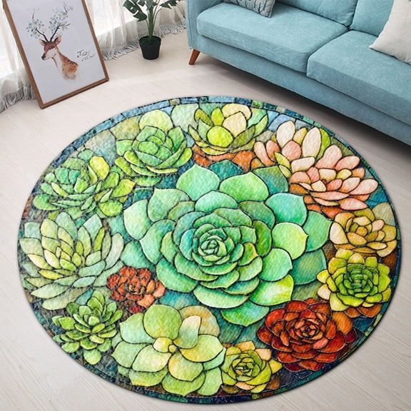 Round Area Rug, Succulent Non-Slip Floor Mat, Soft Washable Carpet for Living Room Bedroom Decor 24 Inch