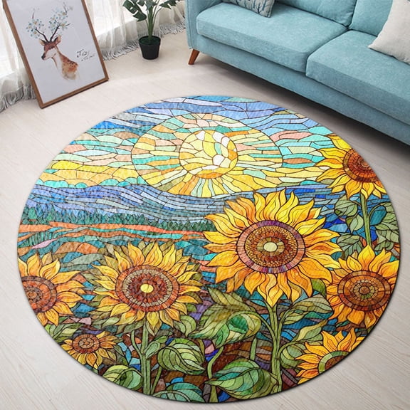 Round Area Rug, Sunflower1 Non-Slip Floor Mat, Soft Washable Carpet for Living Room Bedroom Decor 24 Inch