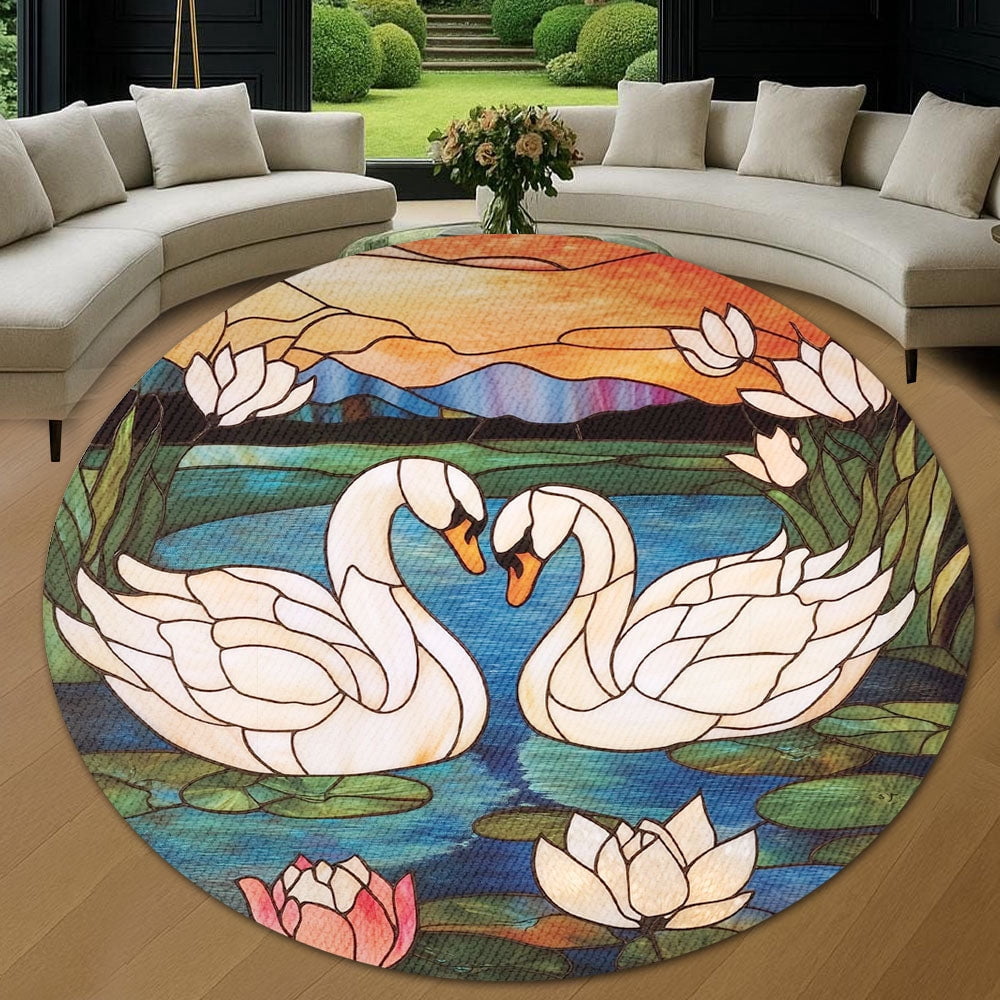 Round Area Rug, Swans Non-Slip Floor Mat, Soft Washable Carpet for Living Room Bedroom Decor 24 Inch