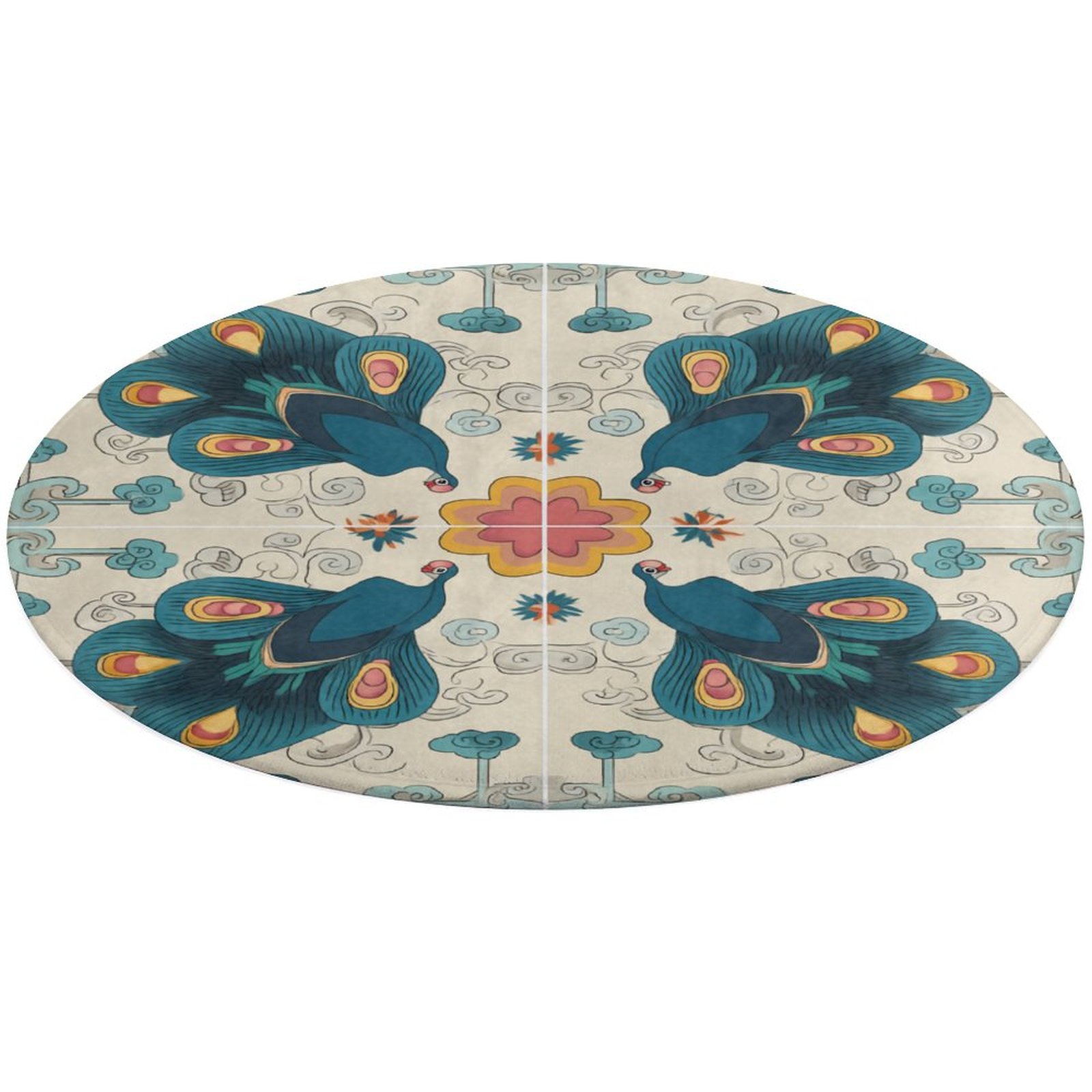 Round Area Rug Teal Peacocks Symmetrical Floral Design Indoor Floor ...