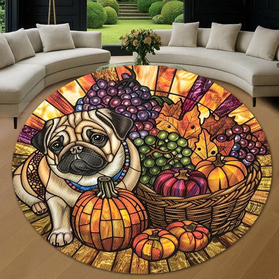 Round Area Rug, Thanksgiving Puppy 12 Non-Slip Floor Mat, Soft Washable Carpet for Living Room Bedroom Decor 24 Inch