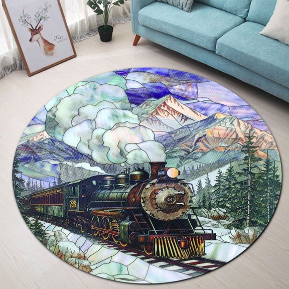 Round Area Rug, Train Floral Pattern Non-Slip Floor Mat, Soft Washable Carpet for Living Room Bedroom Decor 24 Inch