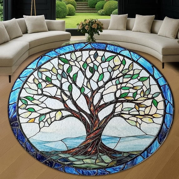 Round Area Rug, Tree Of Life7 Non-Slip Floor Mat, Soft Washable Carpet for Living Room Bedroom Decor 71 Inch