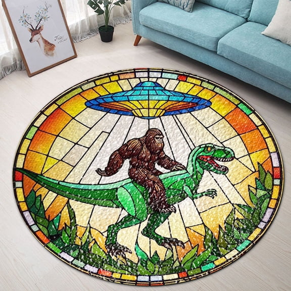 Round Area Rug, Ufo Abduction Bigfoot Non-Slip Floor Mat, Soft Washable Carpet for Living Room Bedroom Decor 24 Inch