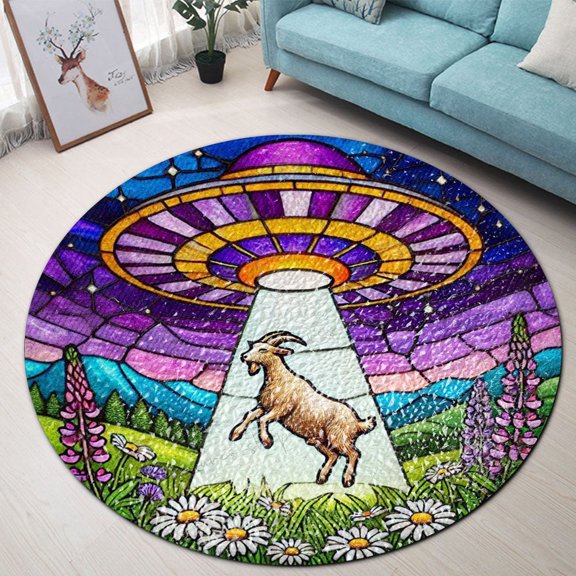 Round Area Rug, Ufo Abduction Goat Non-Slip Floor Mat, Soft Washable Carpet for Living Room Bedroom Decor 24 Inch