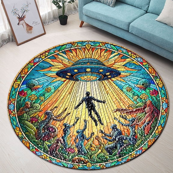 Round Area Rug, Ufo Alien Ufo Non-Slip Floor Mat, Soft Washable Carpet for Living Room Bedroom Decor 24 Inch