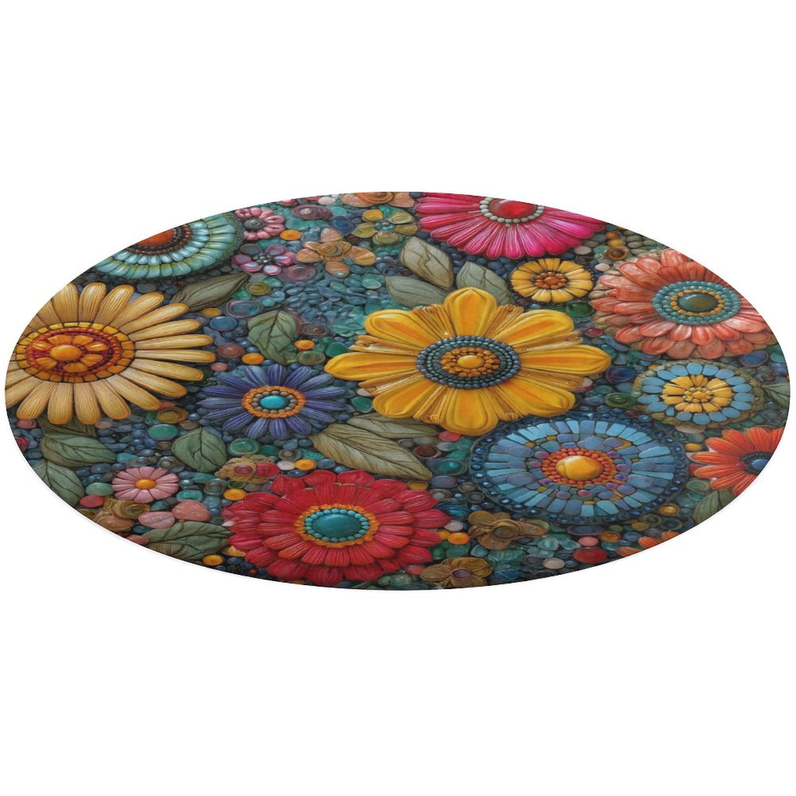 Round Area Rug Vibrant Floral Mosaic Colorful Artwork Indoor Floor Area ...