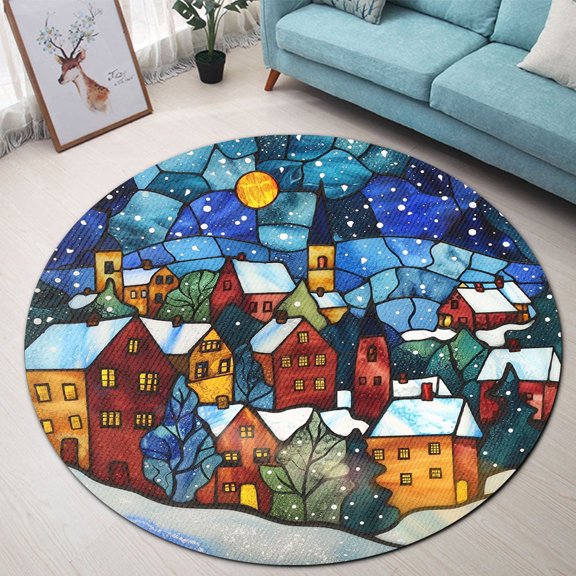 Round Area Rug, Village Non-Slip Floor Mat, Soft Washable Carpet for Living Room Bedroom Decor 24 Inch