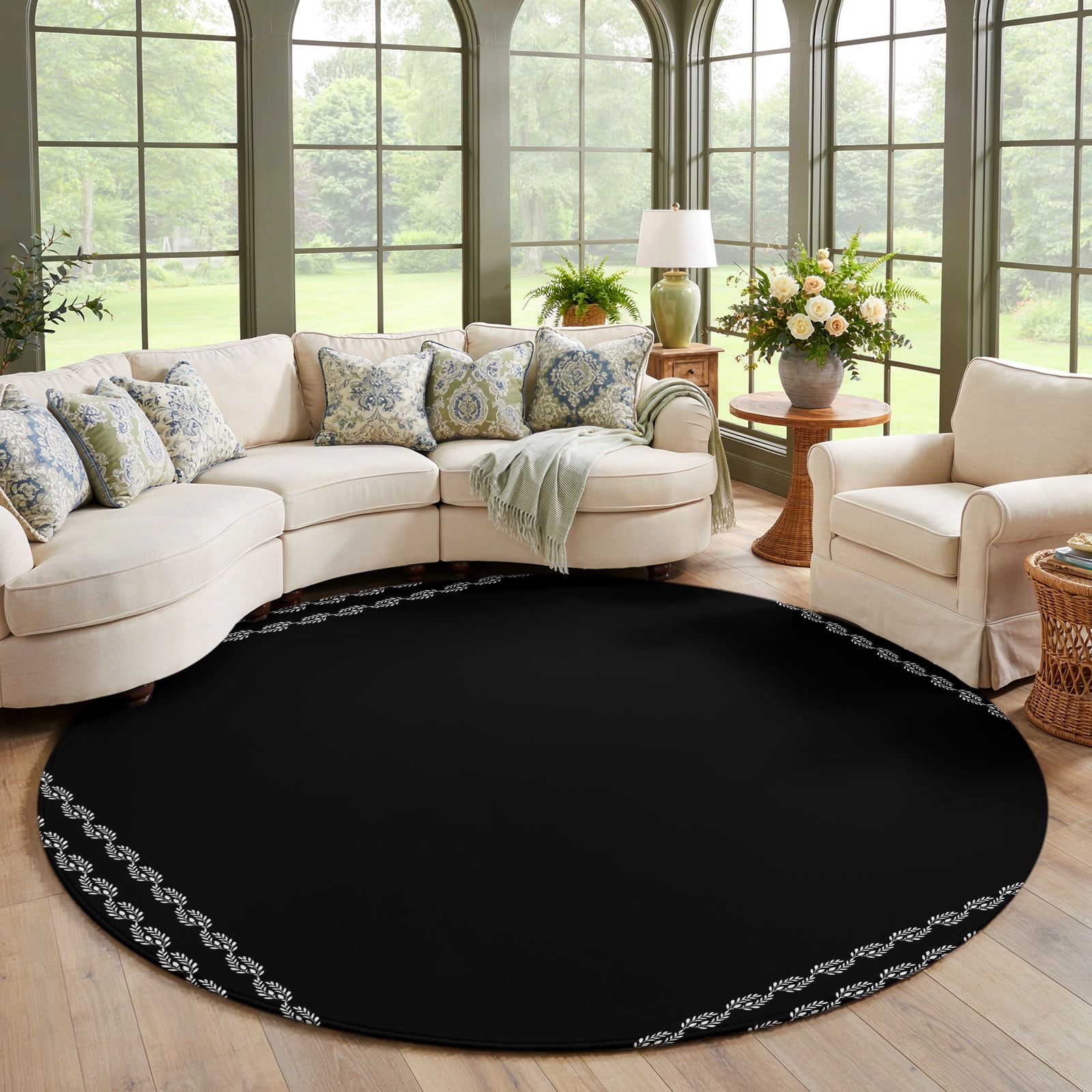 Colid Background Round Area Rug Washable Rugs-5ft,Solid Dark Background Low Pile Non ...