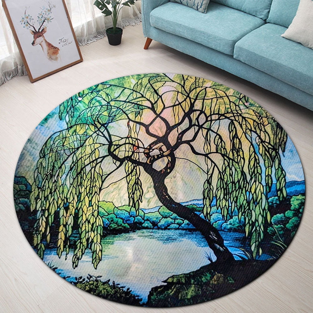 Round Area Rug, Weeping Willow Non-Slip Floor Mat, Soft Washable Carpet for Living Room Bedroom Decor 24 Inch