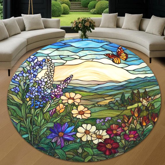 Round Area Rug, Wildflowers5 Art Design Non-Slip Floor Mat, Soft Washable Carpet for Living Room Bedroom Decor 24 Inch