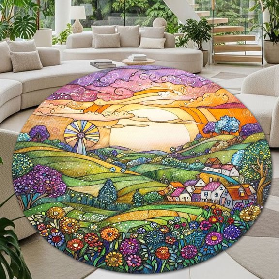Round Area Rug, Windmill1 Non-Slip Floor Mat, Soft Washable Carpet for Living Room Bedroom Decor 24 Inch