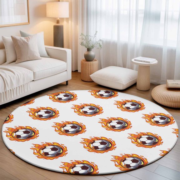 Round Area Rug for Living Room Bedroom, Abstract Football Red Flame Round Rugs Non-slip Washable Floor Carpet, Modern Street Art Soft Circle Rug 3ft