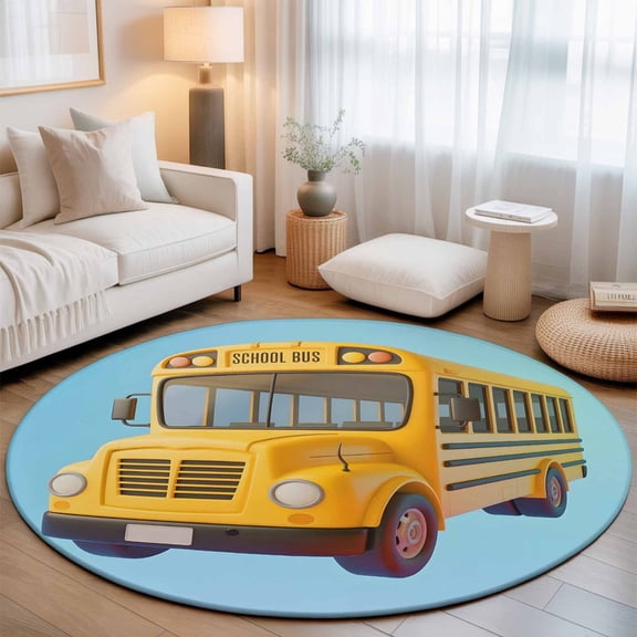 Round Area Rug for Living Room Bedroom, Back-to-school Season Round Rugs Non-slip Floor Carpet, Yellow School Bus Soft Washable Circle Rug 3ft