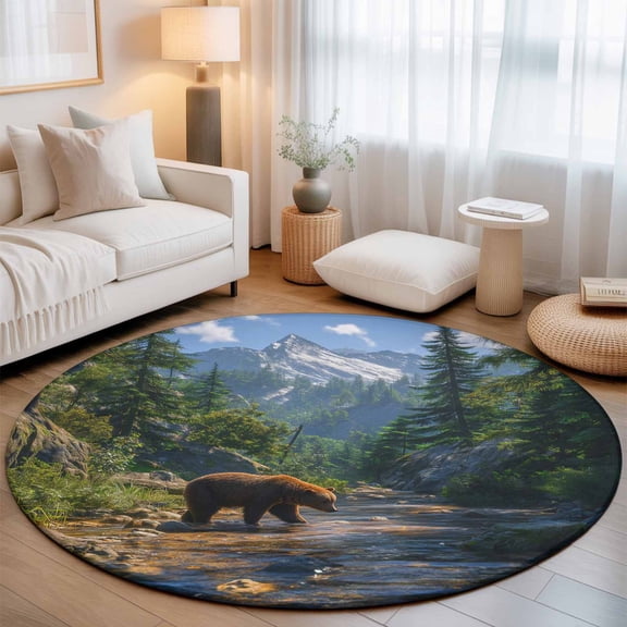 Round Area Rug for Living Room Bedroom, Bear Forest Mountains River Round Rugs Non-slip Floor Carpet, Natural Scenery Soft Washable Circle Rug 3ft