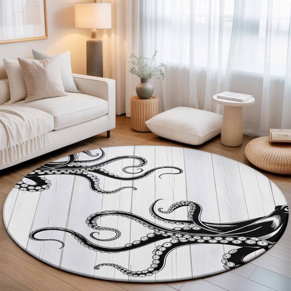 Round Area Rug for Living Room Bedroom, Black Giant Squid Round Rugs Non-slip Washable Floor Carpet, Wood Grain Background Soft Circle Rug 3ft