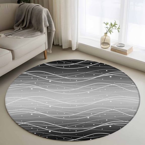 Round Area Rug for Living Room Bedroom, Black Gray Waves Gradient Round Rugs Non-slip Washable Floor Carpet, Abstract Wave Points Soft Circle Rug 3ft