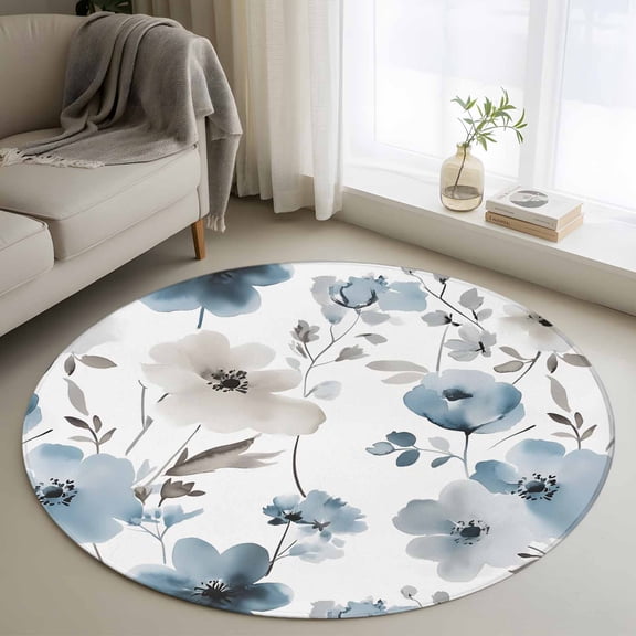 Round Area Rug for Living Room Bedroom, Blue Light Brown Flower Leaves Round Rugs Non-slip Washable Floor Carpet, Spring Floral Soft Circle Rug 3ft