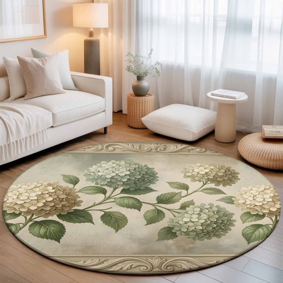 Round Area Rug for Living Room Bedroom, Cream Gold Hydrangeas Round Rugs Non-slip Washable Floor Carpet, Farm Floral Art Soft Circle Rug 3ft