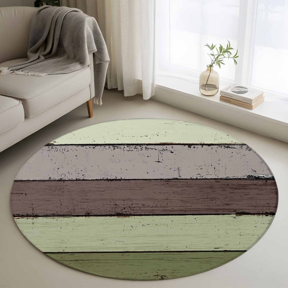 Round Area Rug for Living Room Bedroom, Farm Sage Green Wood Board Round Rugs Non-slip Washable Floor Carpet, Retro Wooden Grain Soft Circle Rug 3ft