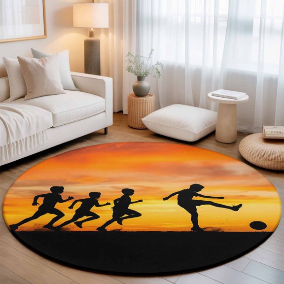 Round Area Rug for Living Room Bedroom, Football Sports Competition Round Rugs Non-slip Washable Floor Carpet, Sunset Background Soft Circle Rug 3ft