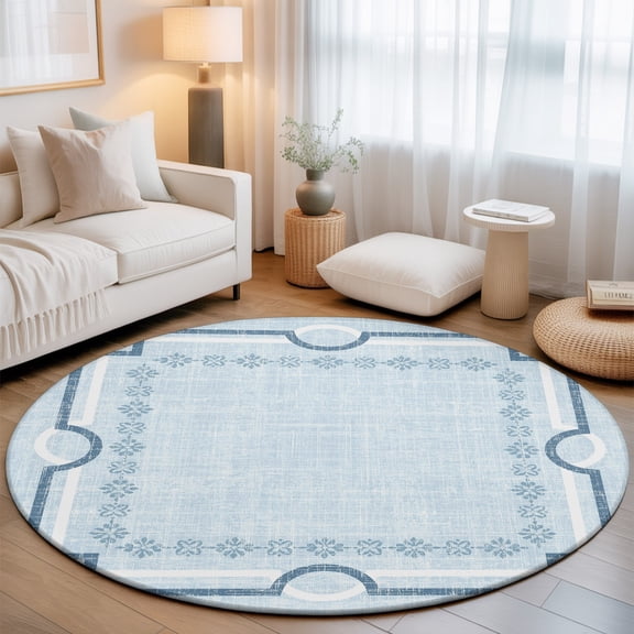 Round Area Rug for Living Room Bedroom, Light Blue Retro Linen Round Rugs Non-slip Floor Carpet, Tranquil Gentle Style Soft Washable Circle Rug 3ft
