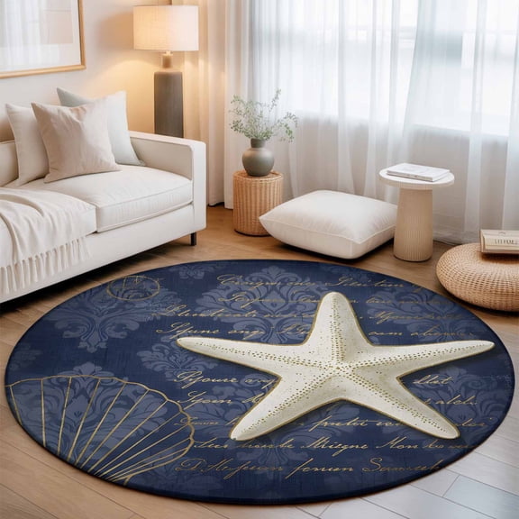 Round Area Rug for Living Room Bedroom, Nautical Retro Starfish Shells Round Rugs Non-slip Washable Floor Carpet, Deep Blue Ocean Soft Circle Rug 3ft