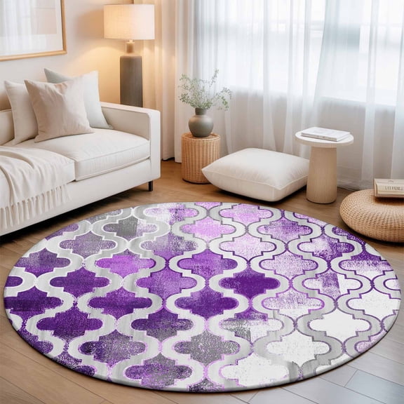 Round Area Rug for Living Room Bedroom, Purple Moroccan Pattern Round Rugs Non-slip Floor Carpet, Abstract Geometric Art Soft Washable Circle Rug 3ft