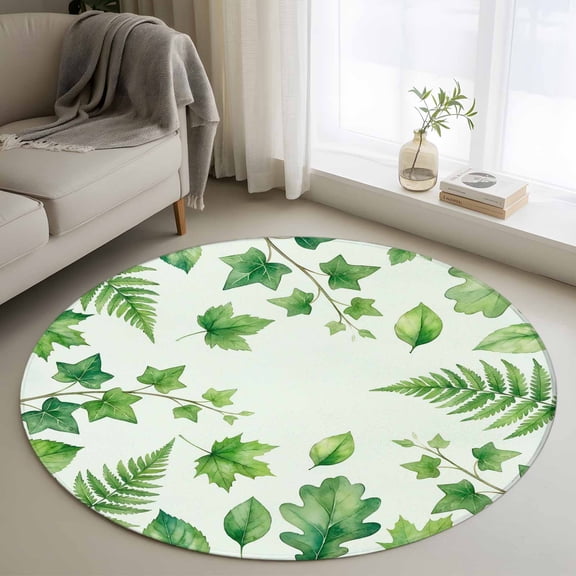 Round Area Rug for Living Room Bedroom, Summer Plants Ivy Oak Leaves Round Rugs Non-slip Washable Floor Carpet, Green Leaf Ferns Soft Circle Rug 3ft