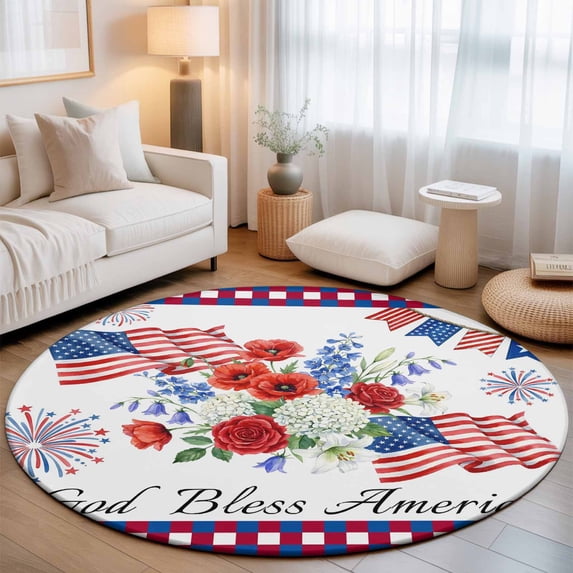 Round Area Rugs 3.3Ft, 250th Anniversary Floral Non-Slip Washable Circle Rugs Carpet, Red Blue Stars 4th of July Indoor Outdoor Rug Floor Mats Throw Runner for Bedroom Living Room Bathroom