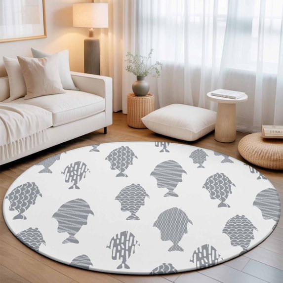 Round Area Rugs 3.3Ft, Abstract Art Fish Grey Non-Slip Washable Circle Rugs Carpet, Coastal Ocean Summer Indoor Outdoor Rug Floor Mats Throw Runner for Bedroom Living Room Bathroom