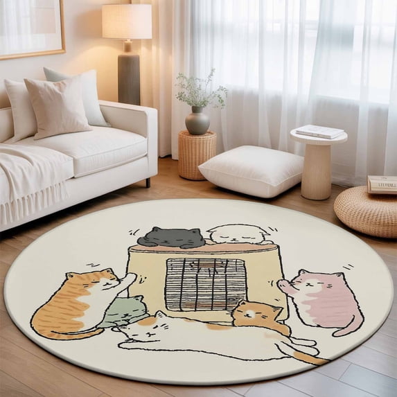 Round Area Rugs 3.3Ft, Beige Cute Cat Non-Slip Washable Circle Rugs Carpet, Cartoon Funny Heater Cats Indoor Outdoor Rug Floor Mats Throw Runner for Bedroom Living Room Bathroom