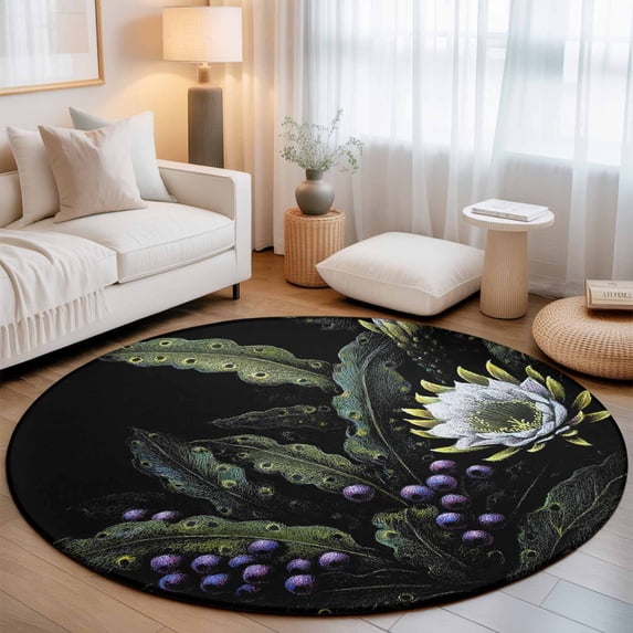 Round Area Rugs 3.3Ft, Boho White Floral Non-Slip Washable Circle Rugs Carpet, Boho Retro Purple Barrier Botanical Indoor Outdoor Rug Floor Mats Throw Runner for Bedroom Living Room Bathroom