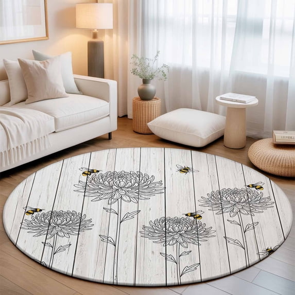 Round Area Rugs 3.3Ft, Bumble Bee Flowers Non-Slip Washable Circle Rugs Carpet, Farmhouse Animals Flowers Wooden Grain Indoor Outdoor Rug Floor Mats Throw Runner for Bedroom Living Room Bathroom