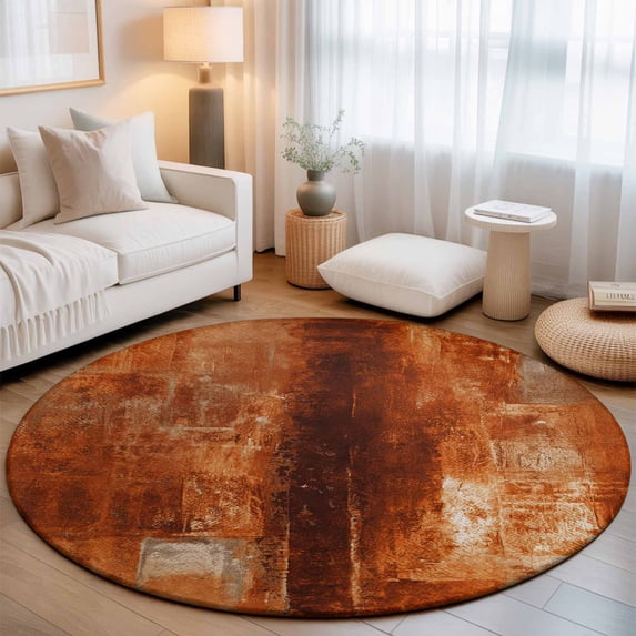Round Area Rugs 3.3Ft, Burnt Orange Non-Slip Washable Circle Rugs Carpet, Retro Oil Painting Modern Abstract Art Aesthetics Indoor Outdoor Rug Floor Mats Throw Runner for Bedroom Living Room Bathroom